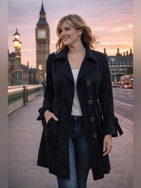 Novelti brand Black Women's Trench Coat with Tie Sleeve Detail